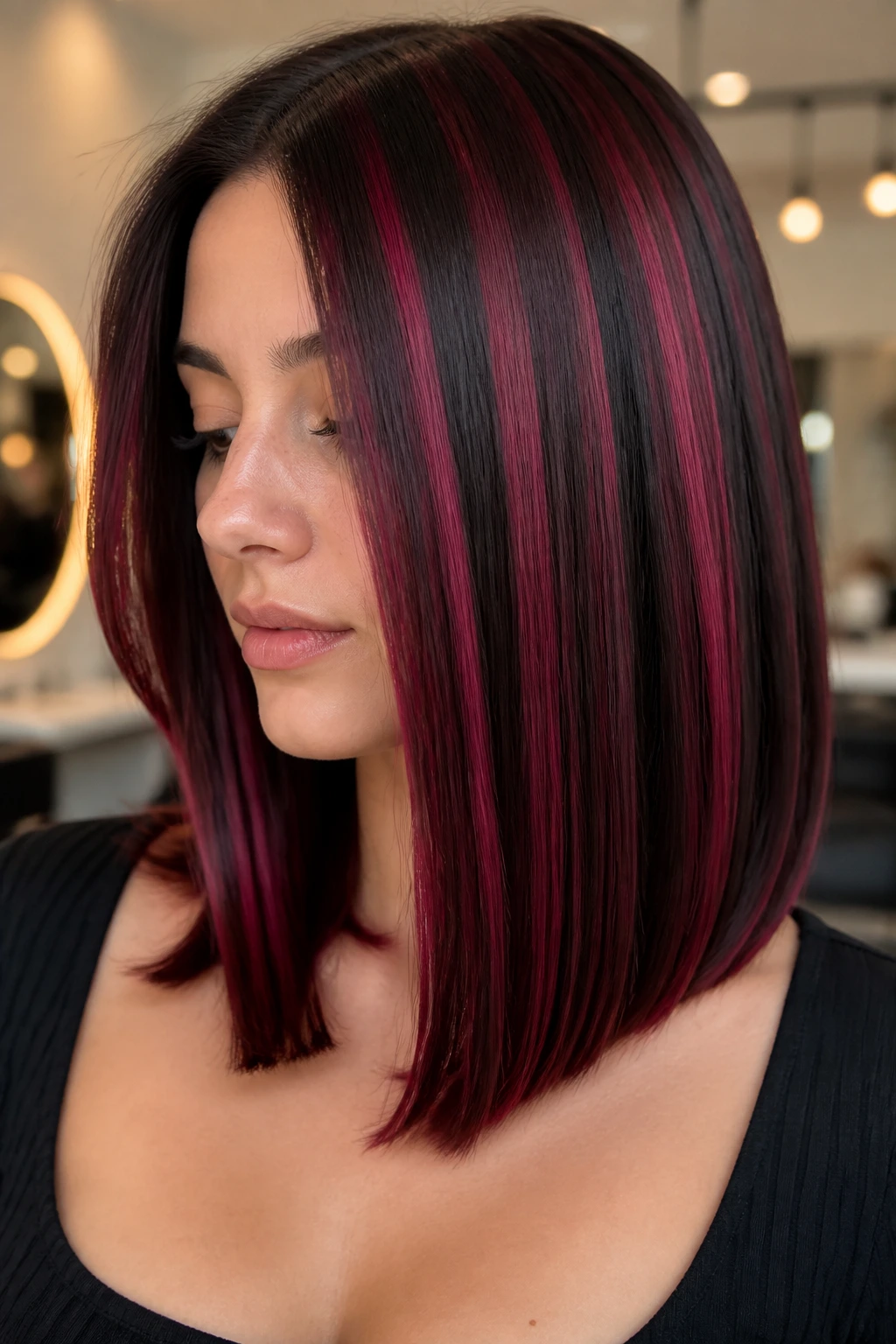 Portrait of a real person with high-contrast burgundy stripes in dark brown hair
