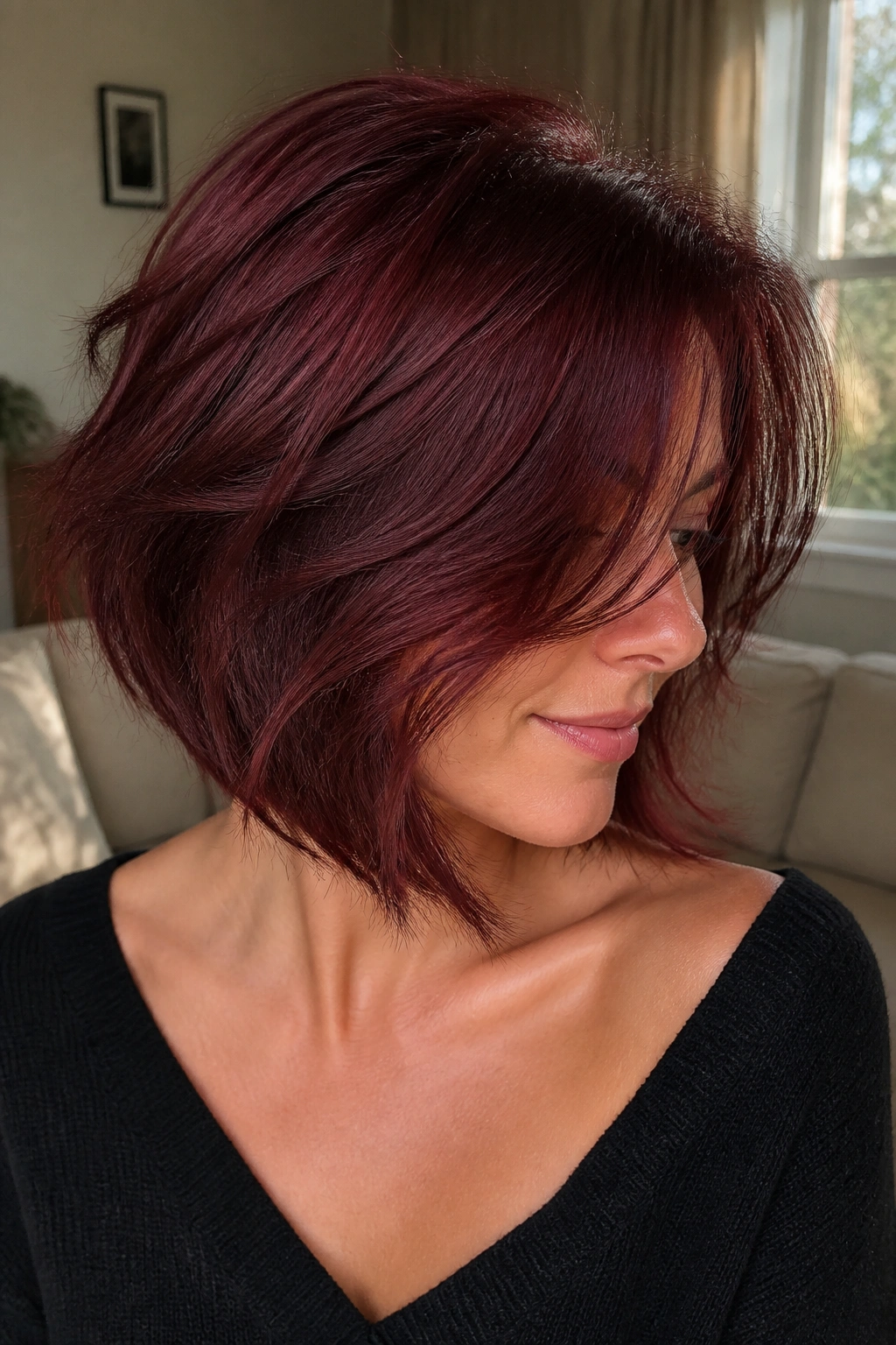 Portrait of a real woman with textured burgundy bob and invisible layers