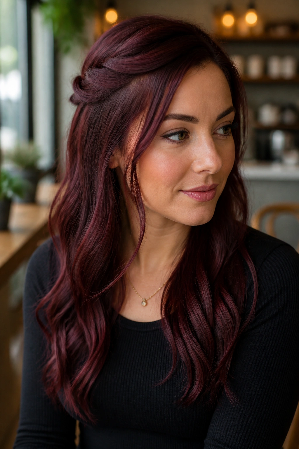 Woman with half-up burgundy twist and loose length