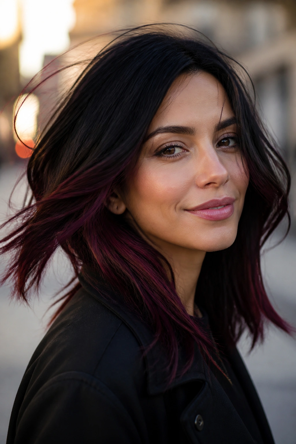 Portrait of a woman with black hair and burgundy underlayers peeking out