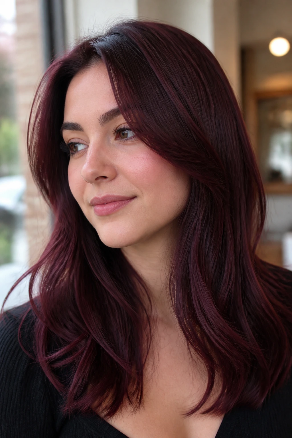 Portrait of a person with burgundy hair suited to cool undertones