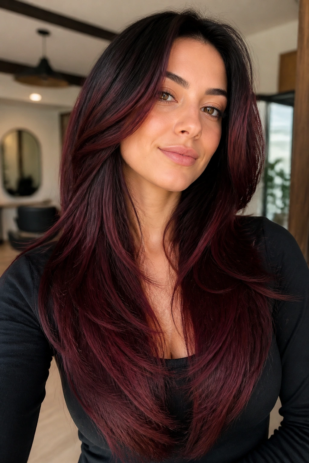 Close-up of real woman's long burgundy V-cut layered hair