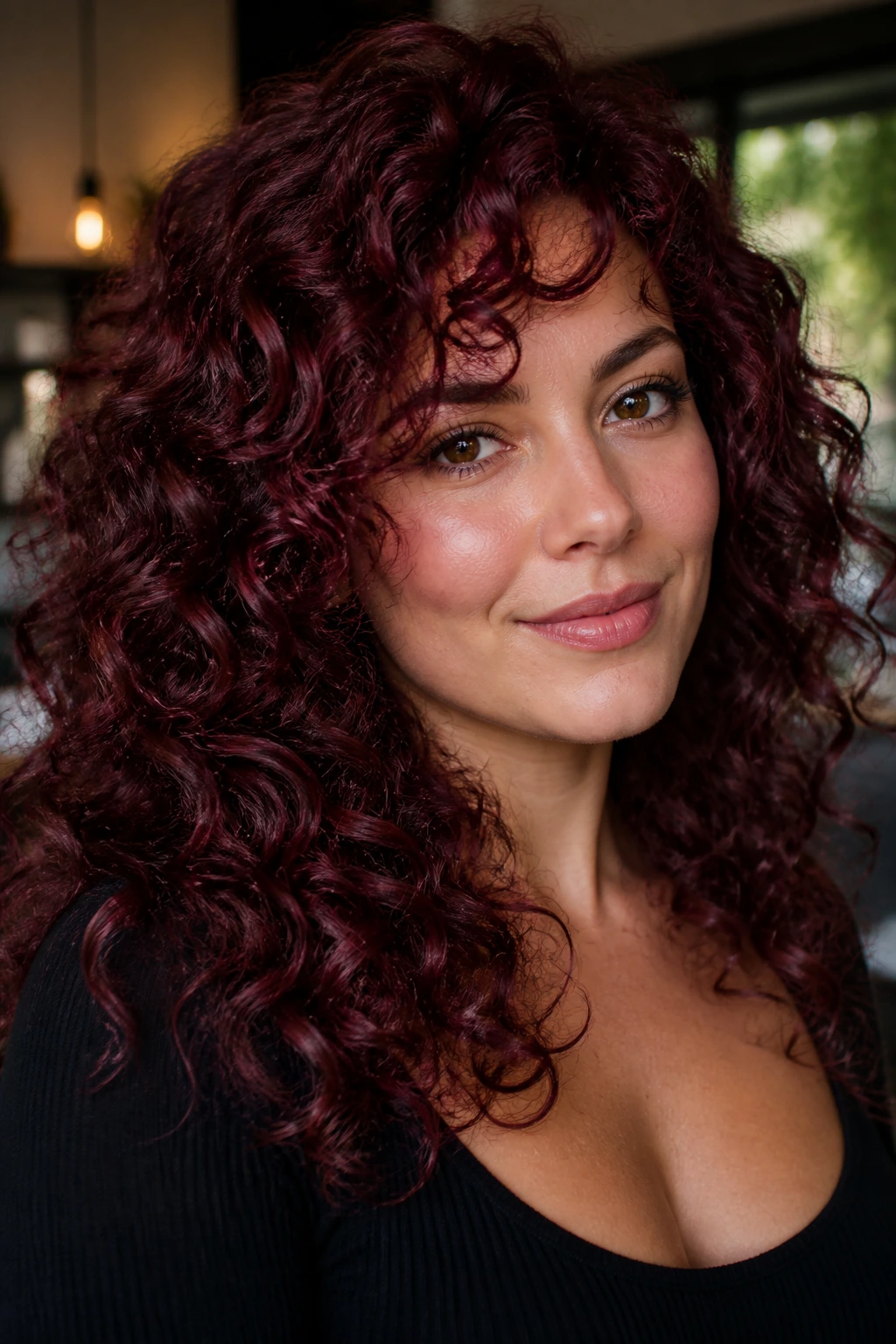 Portrait of a woman with burgundy velvet curls catching cool reflections