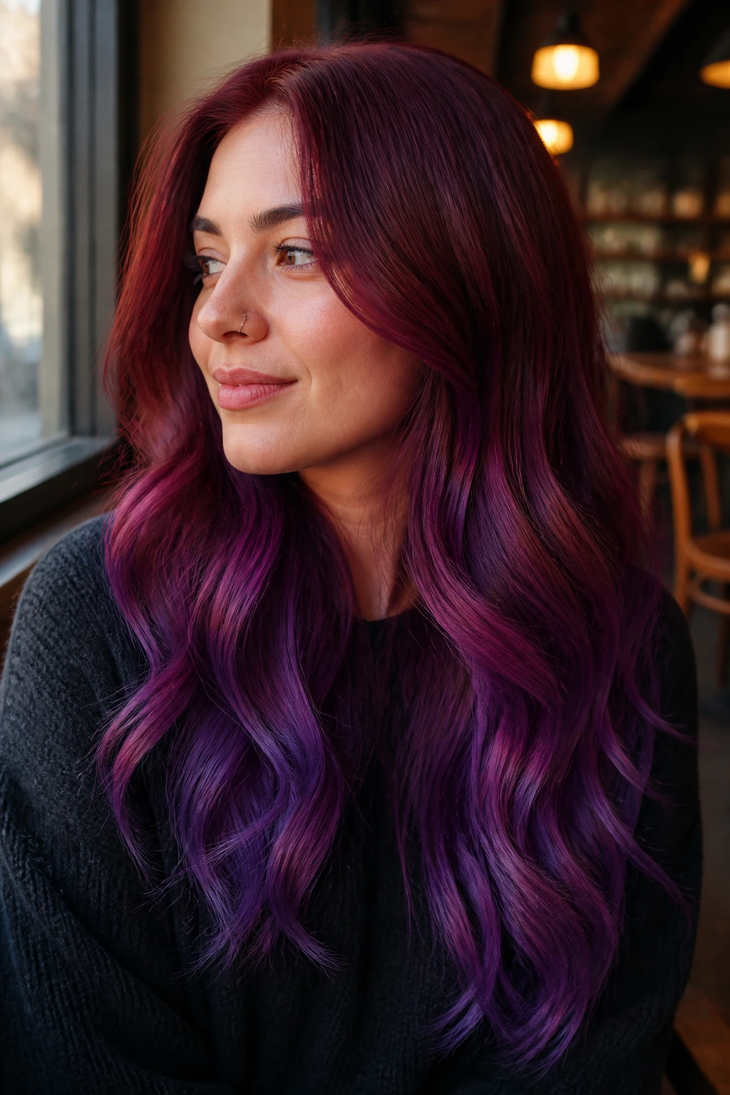 Portrait of woman with burgundy to violet melt hair, long locks.