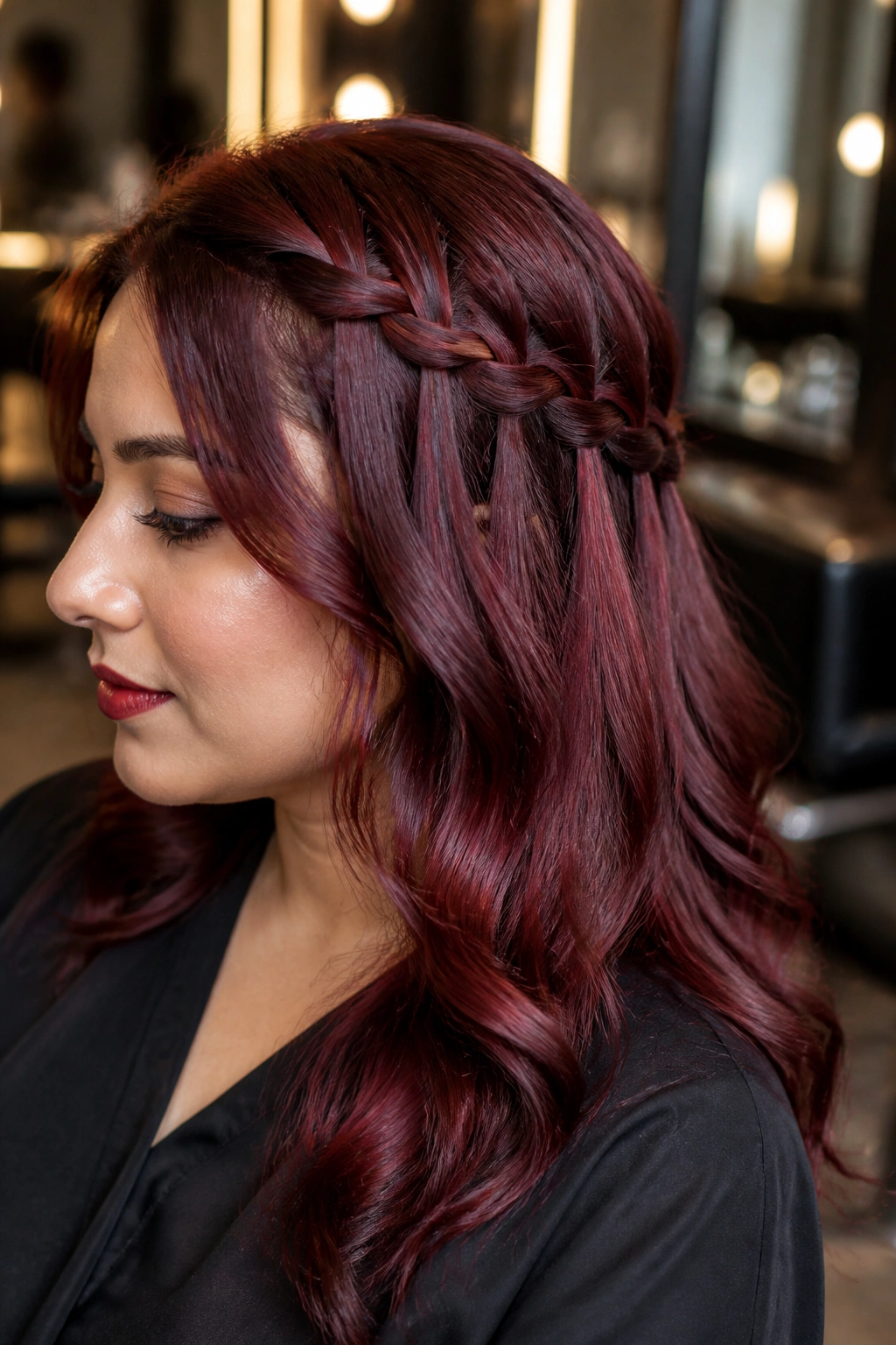 Close-up of a woman with burgundy waterfall braid starting above the temple.