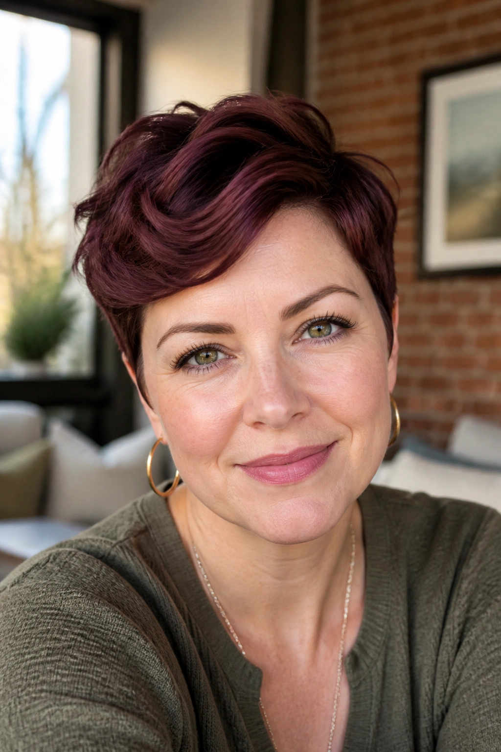 Close-up portrait of a woman with burgundy wave pixie