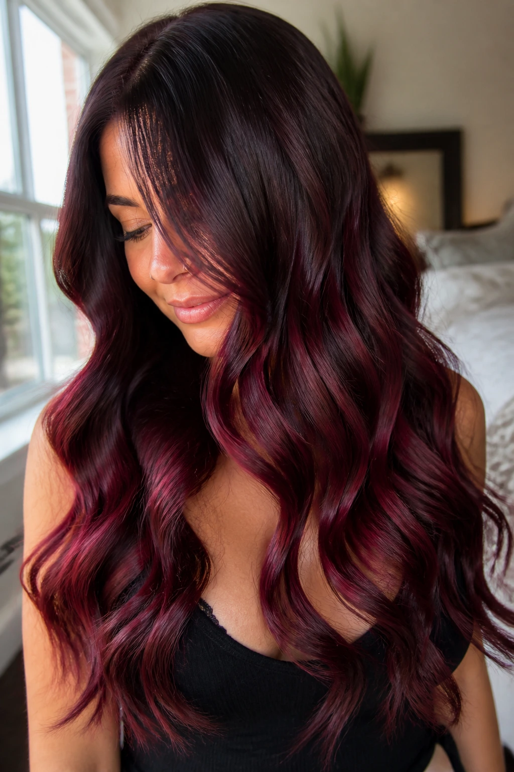 Close-up of a real woman's long wavy hair in wine-stain burgundy ombre with natural window light