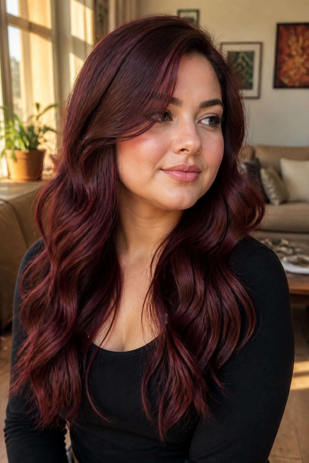 Portrait of a woman with long burgundy waves framing her round face
