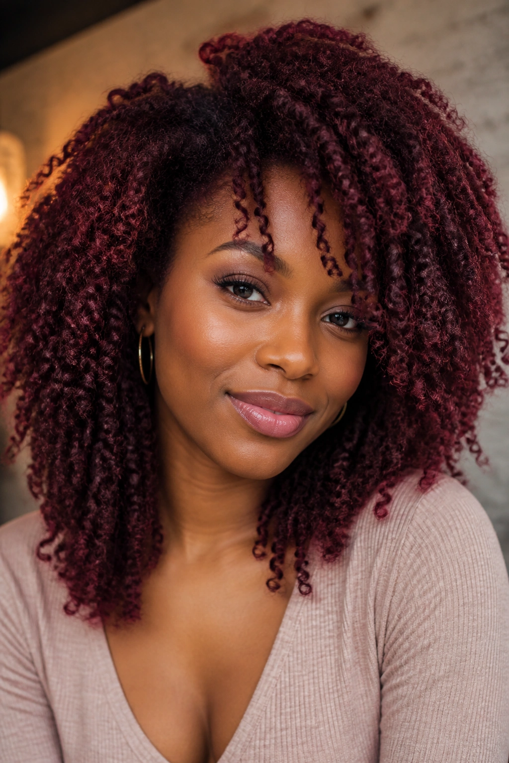 Close-up of a real woman with burgundy wine curls under warm indoor light