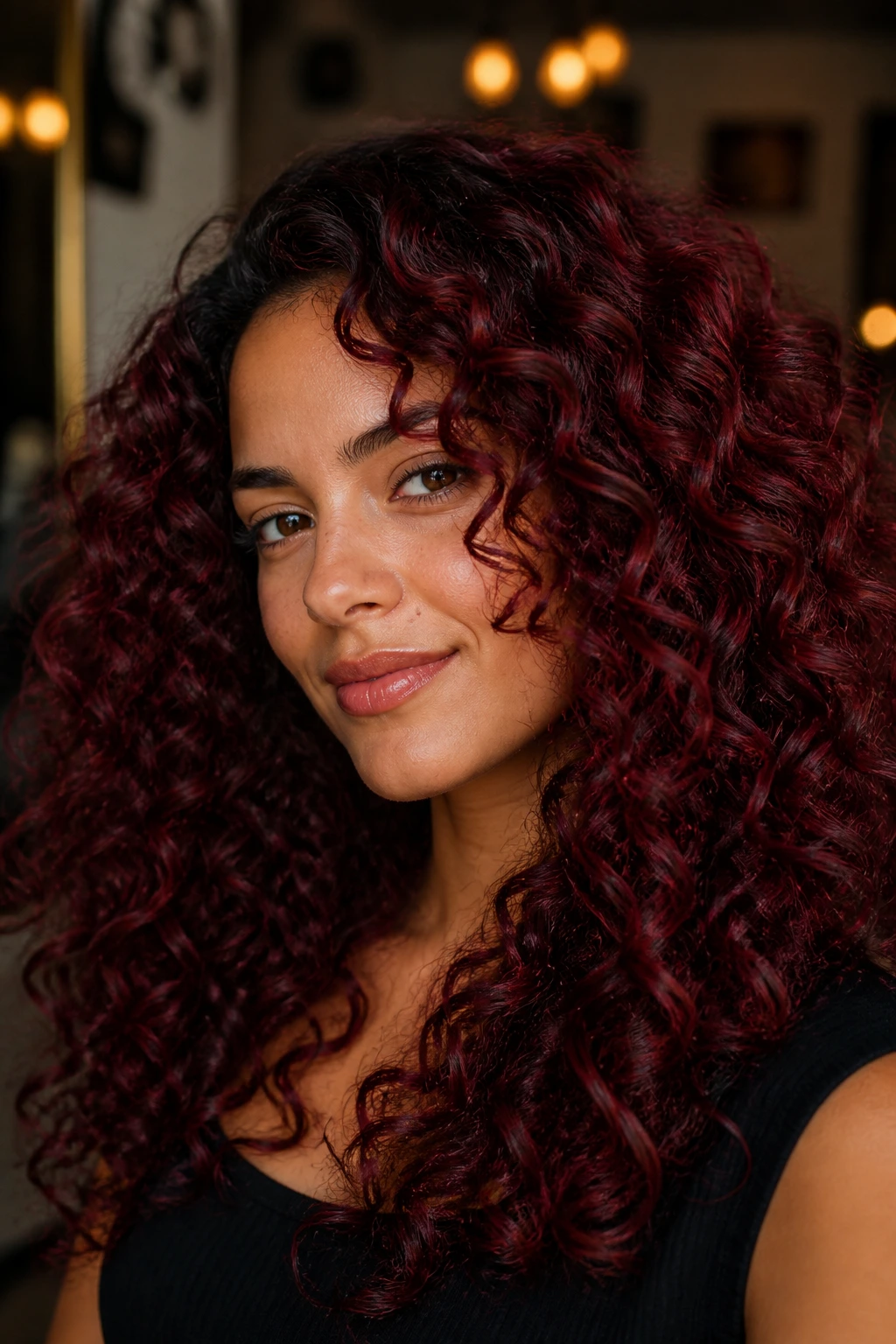 Real person with deep burgundy wine curls and darker roots.