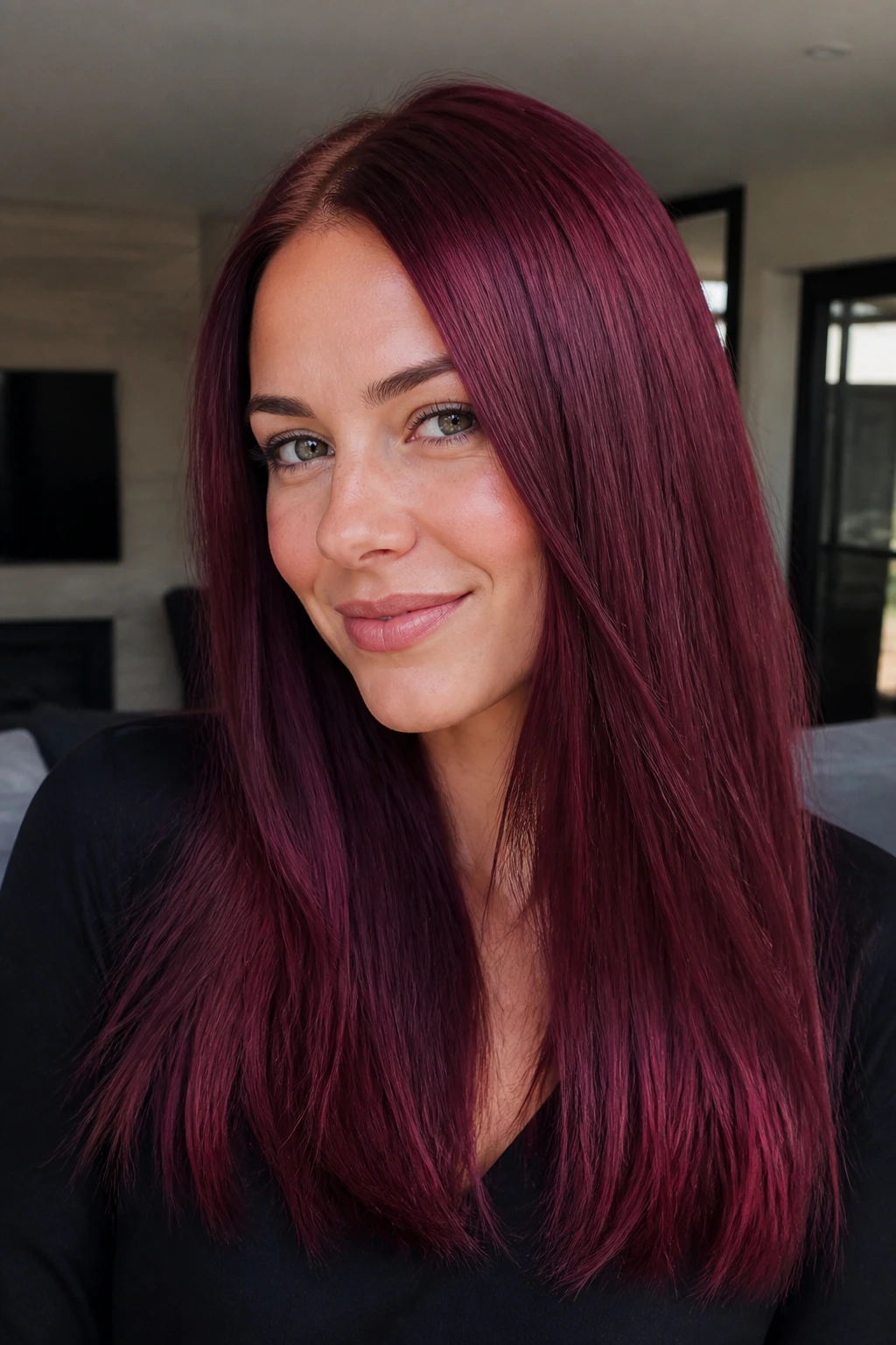 Close-up of real woman with Burgundy Wine hair color on straight hair in soft daylight
