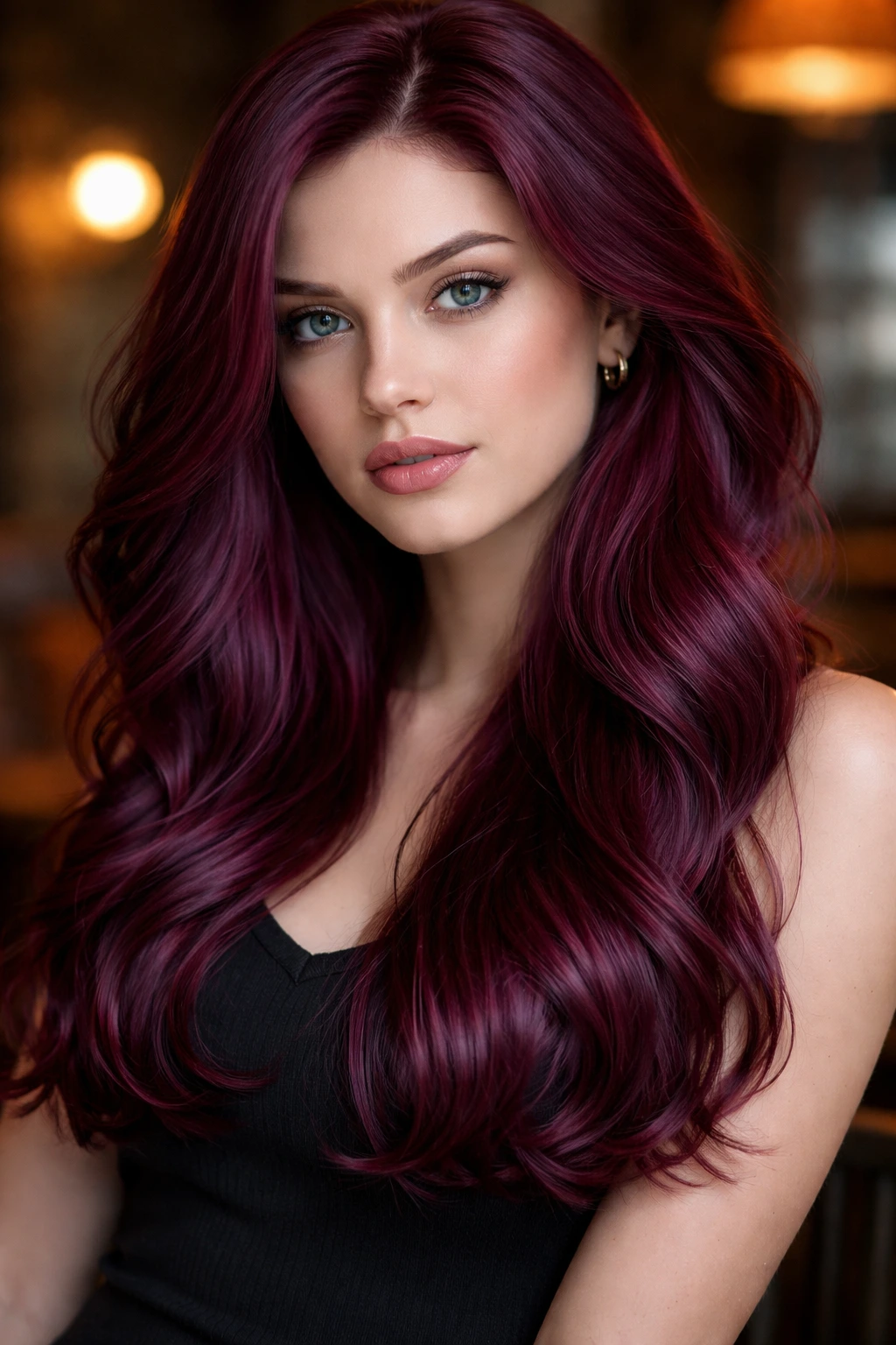Close-up portrait of a woman with burgundy wine hair in a chic indoor setting