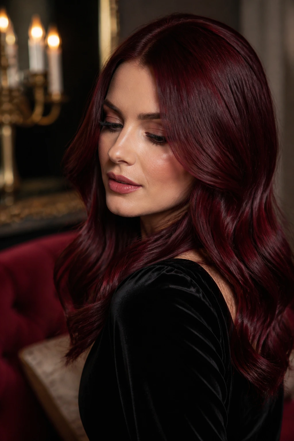 Portrait of a real woman with burgundy wine hair in an elegant indoor setting.
