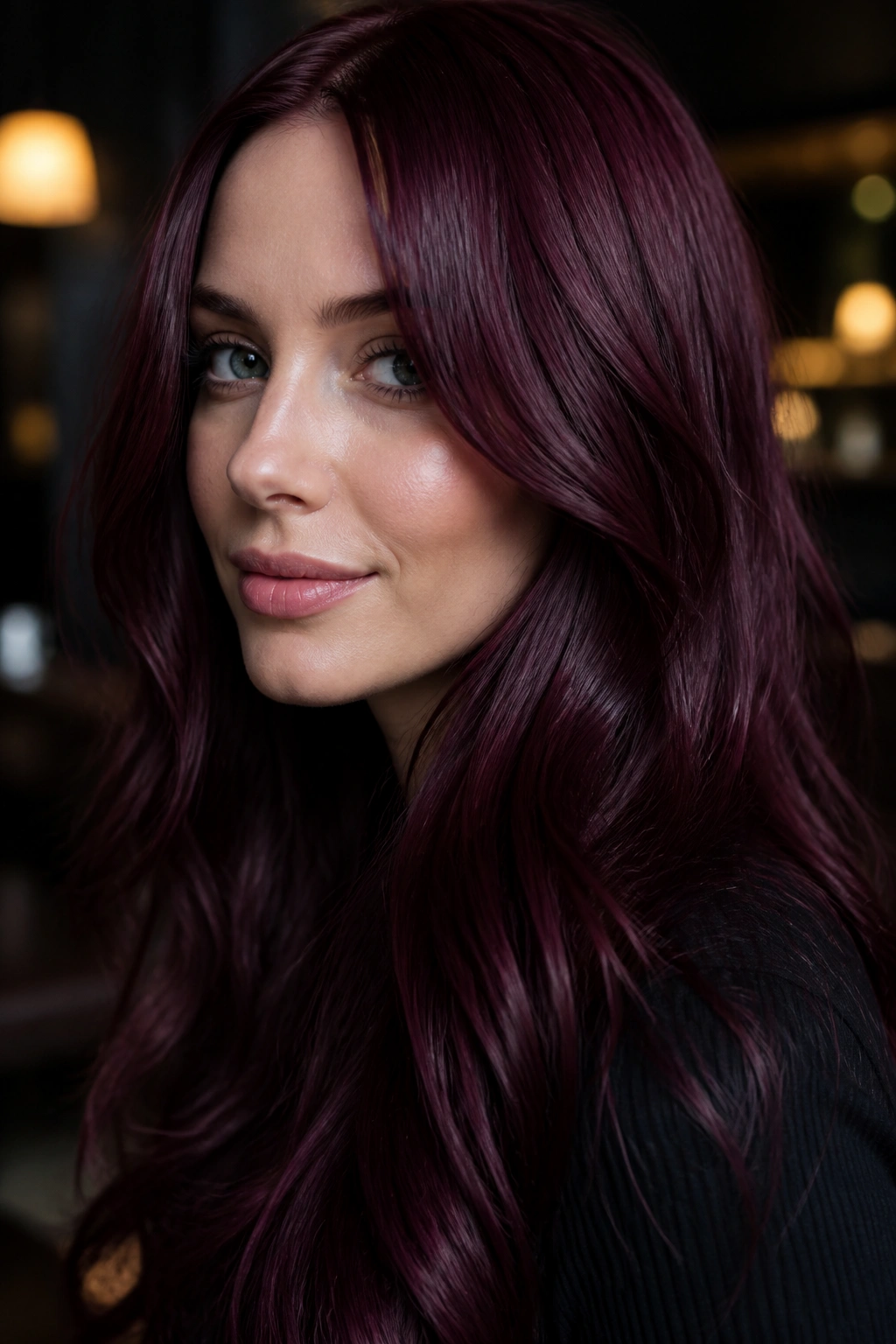 Close-up portrait of a person with burgundy wine hair in a warm, elegant interior