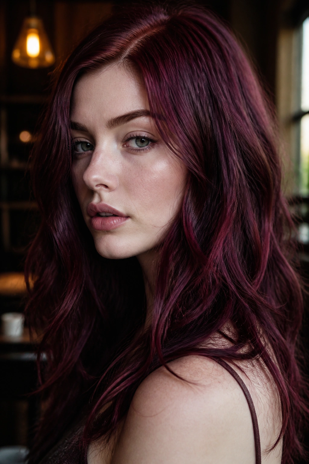 Close-up portrait of a real woman with burgundy wine hair in a moody warm-lit room.