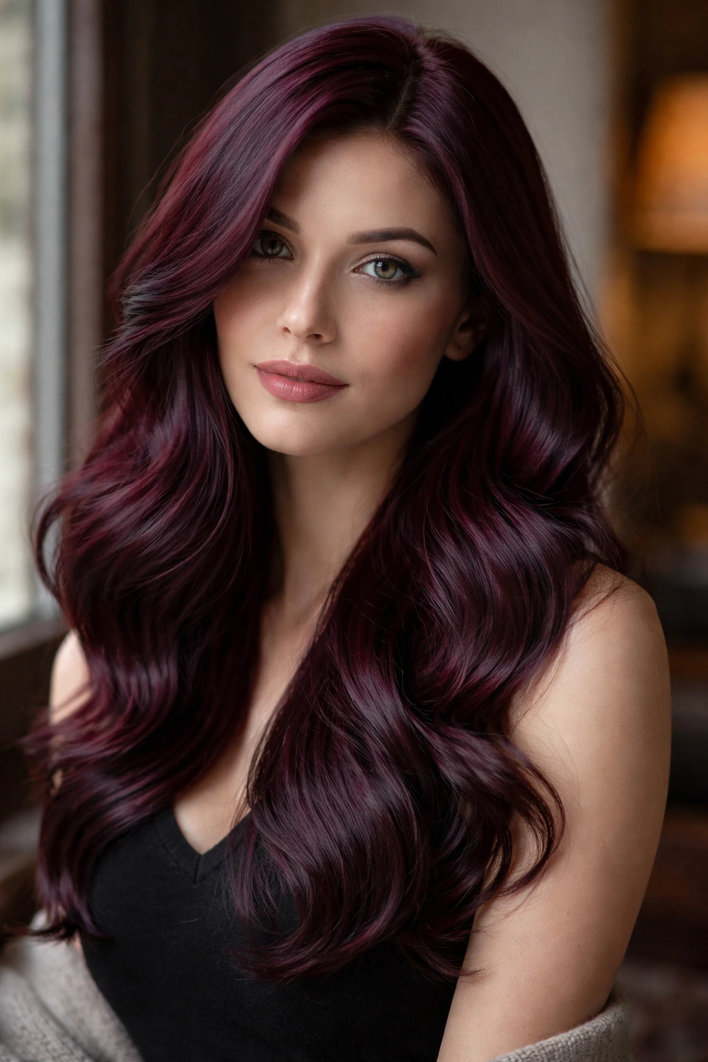 Close-up portrait of a person with deep burgundy hair and violet-brown base.