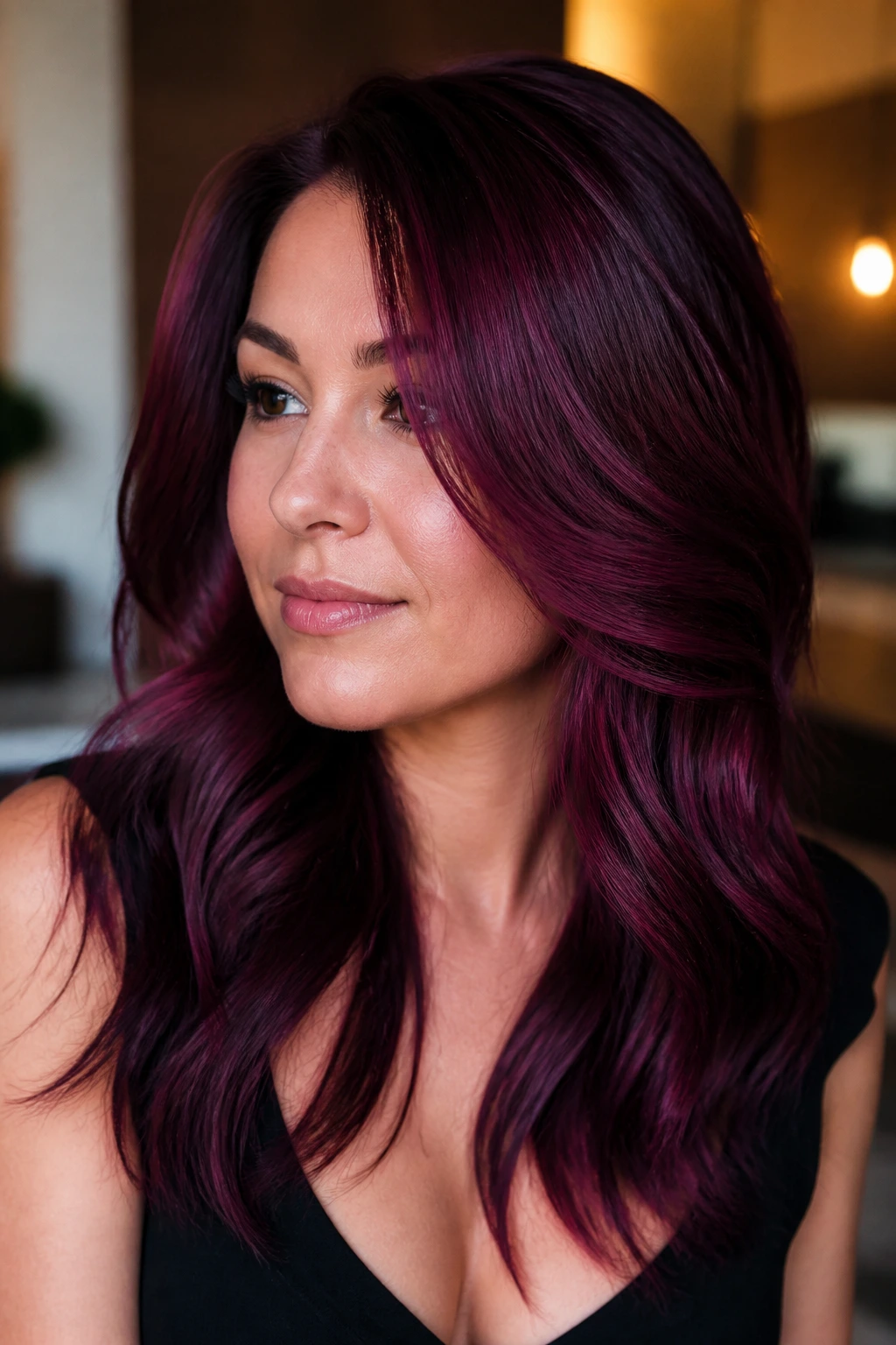 Portrait of a real woman with burgundy wine hair and violet notes, deep color depth.