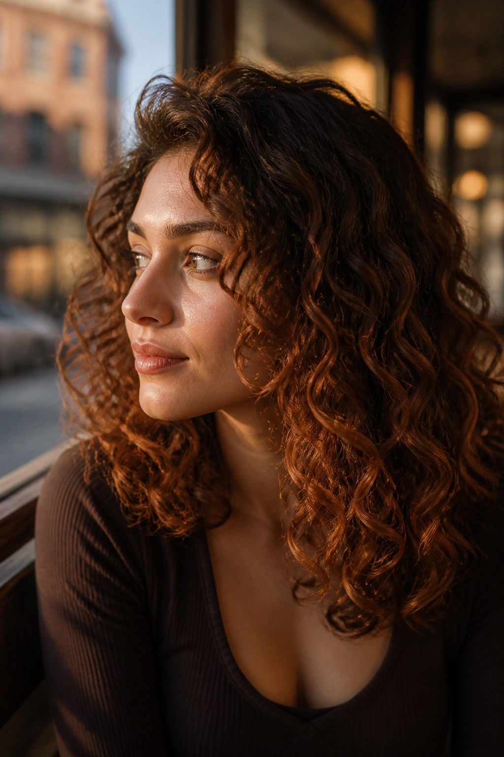 Close-up of burnished brown hair with copper edge highlights