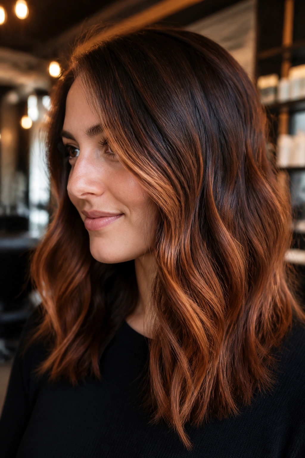 Portrait of a woman with burnished copper balayage on brown hair