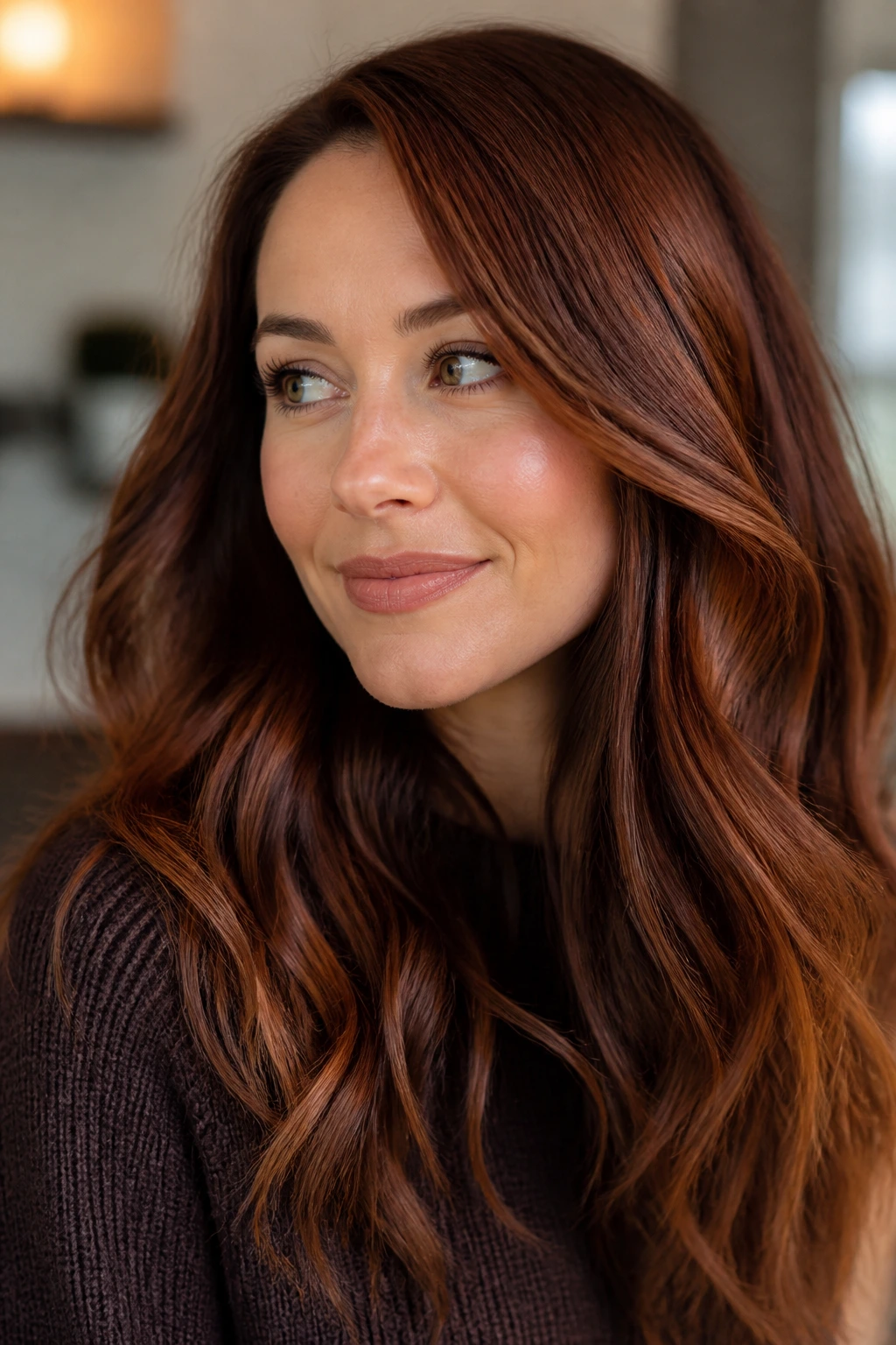 Close-up portrait of a woman with burnished copper chestnut hair.
