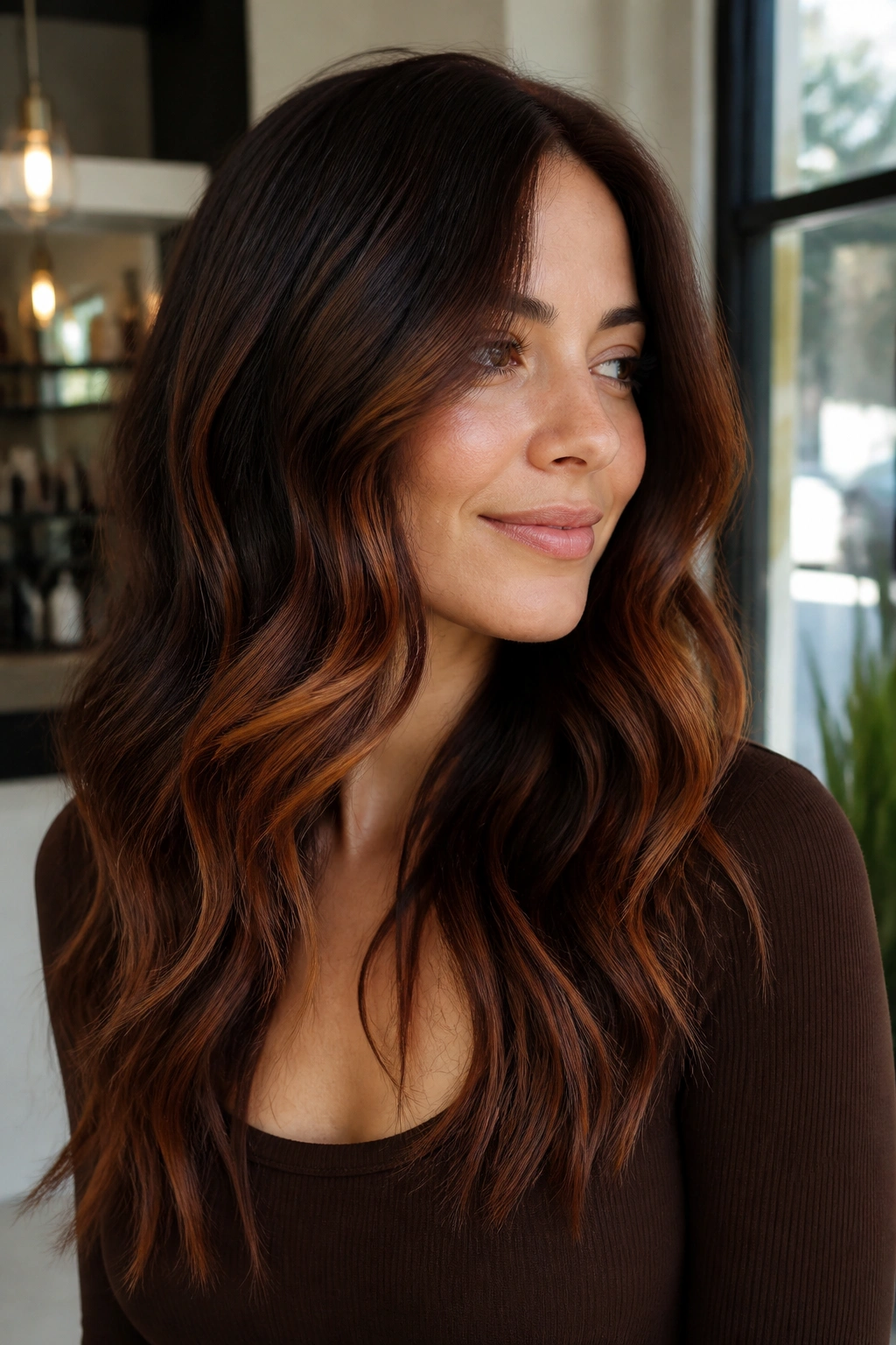 Close-up portrait of a woman with burnished copper melt on dark chocolate brown hair