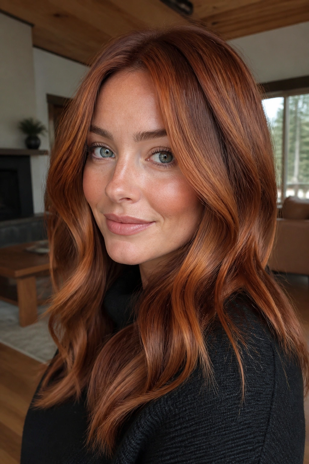 Close-up portrait of a real woman with burnished copper hair and mocha lowlights