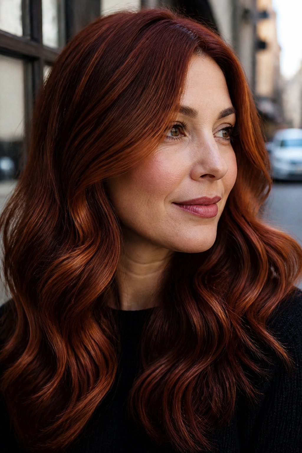 Close-up of burnished copper waves on a real person