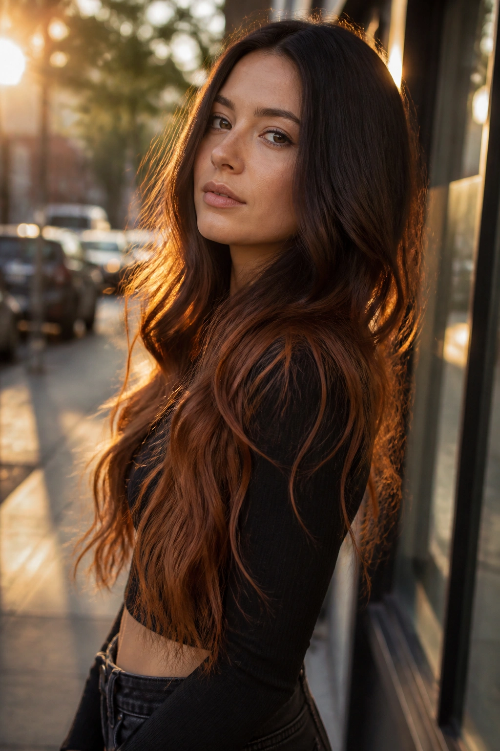 Portrait of a woman with deep brown roots and burnished ginger lower lengths