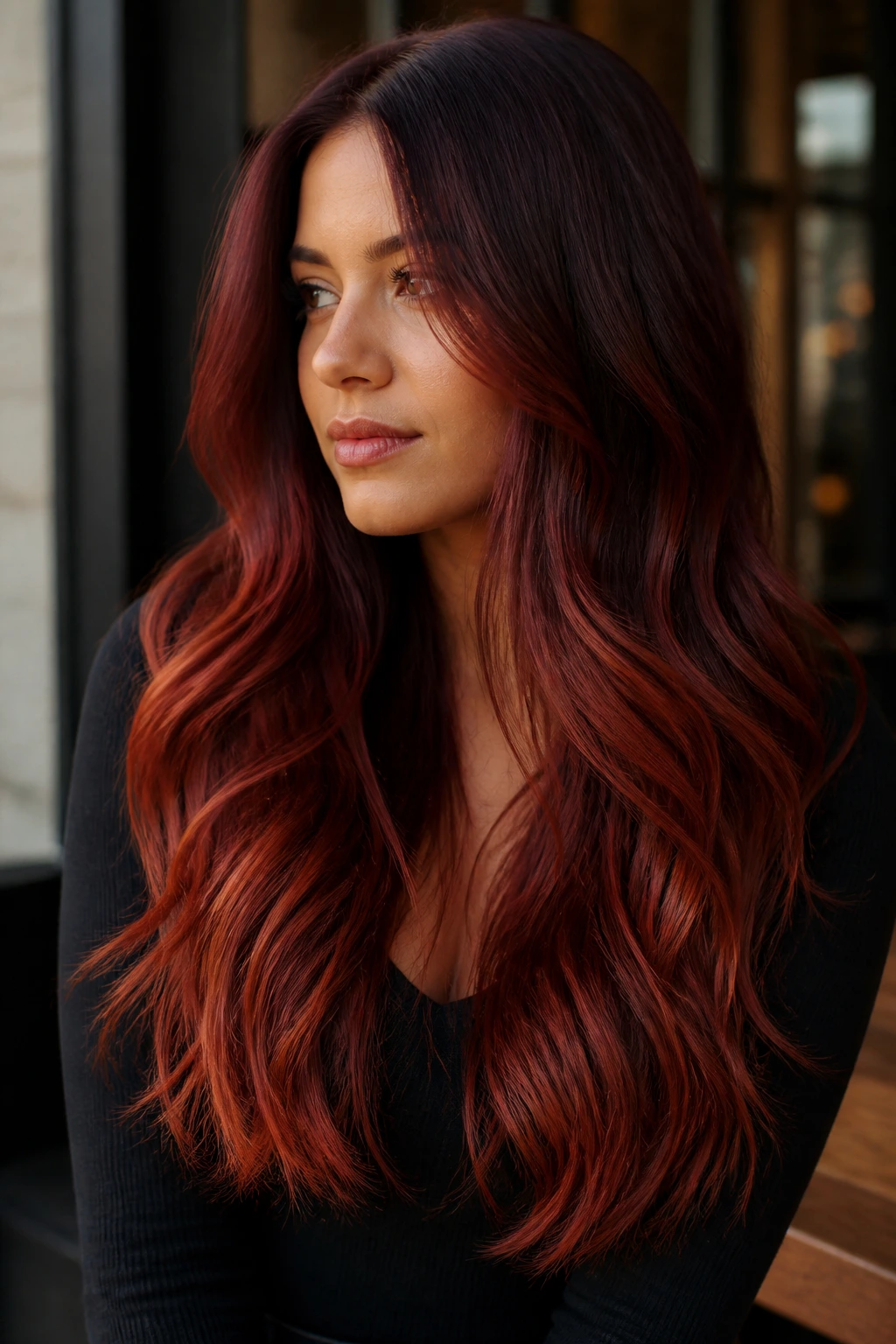 Close-up of a real woman with burnt cherry copper ombre transition in long hair with warm cafe lighting.