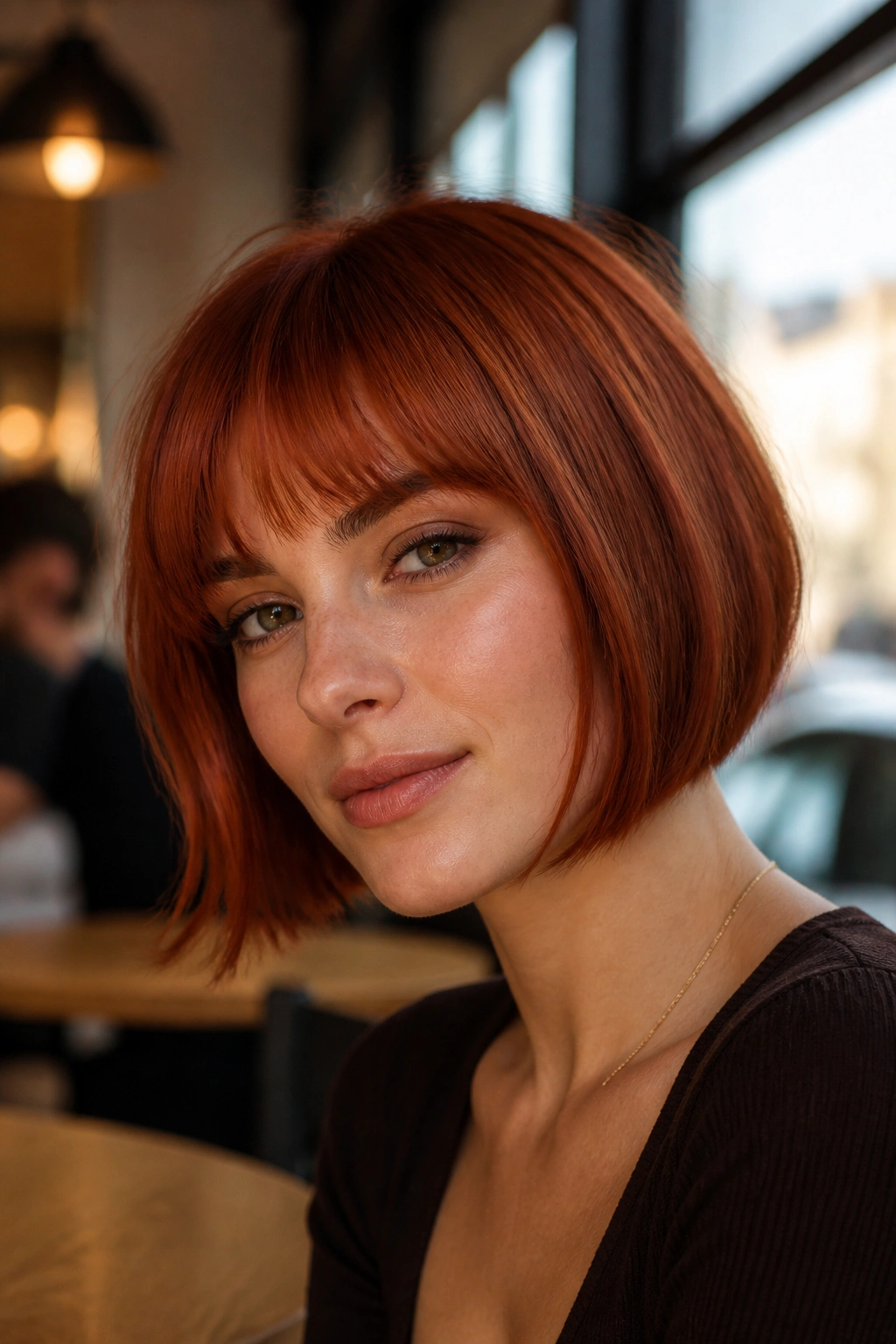 Close-up portrait of a real person with burnt copper bob under warm cafe lighting.