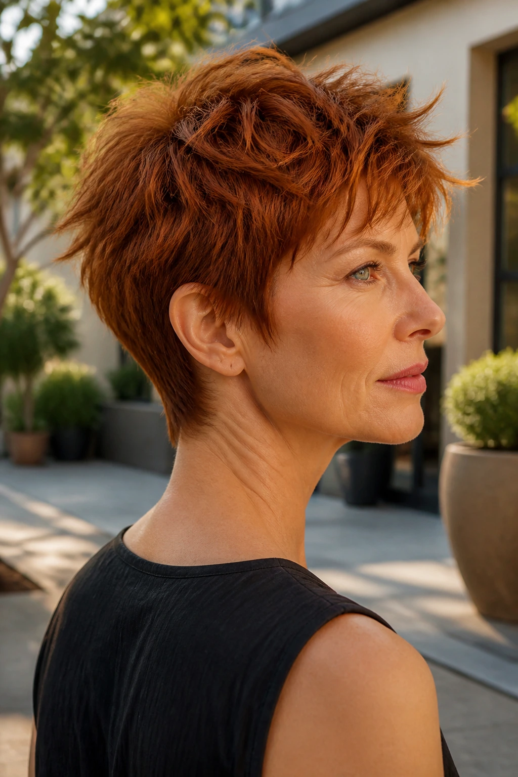 Three-quarter profile of a real woman with burnt copper pixie shag and tapered nape in outdoor light