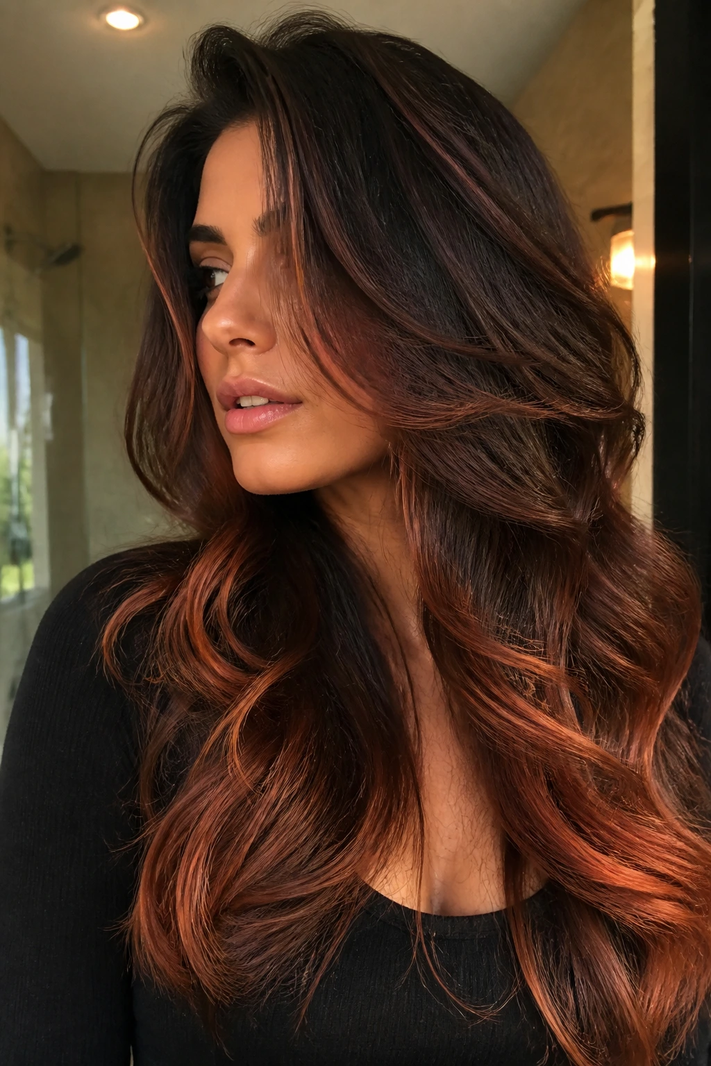 Thick brown hair with burnt copper balayage on a real person