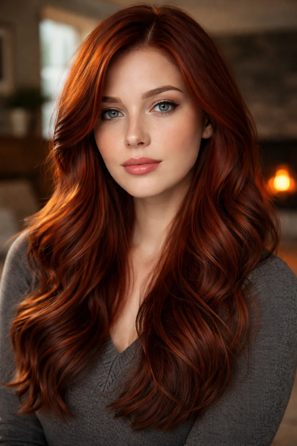 Close-up portrait of a real woman with Burnt Ember Red hair
