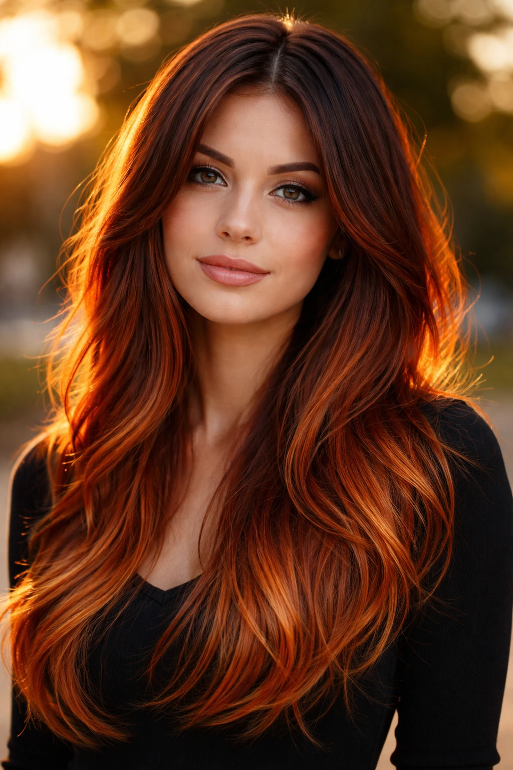 Portrait of a woman with burnt orange auburn gradient hair