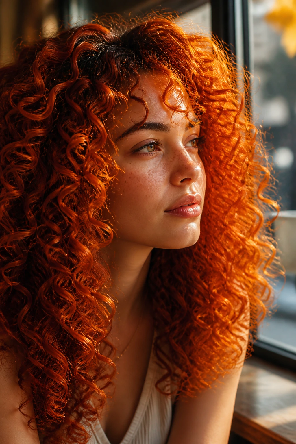 Close-up of burnt-orange spiral curls on a real person in a sunlit setting