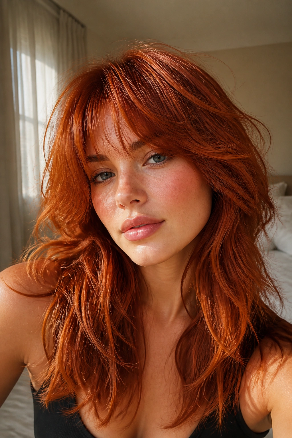 Close-up of a real woman with burnt orange shaggy layers in natural light