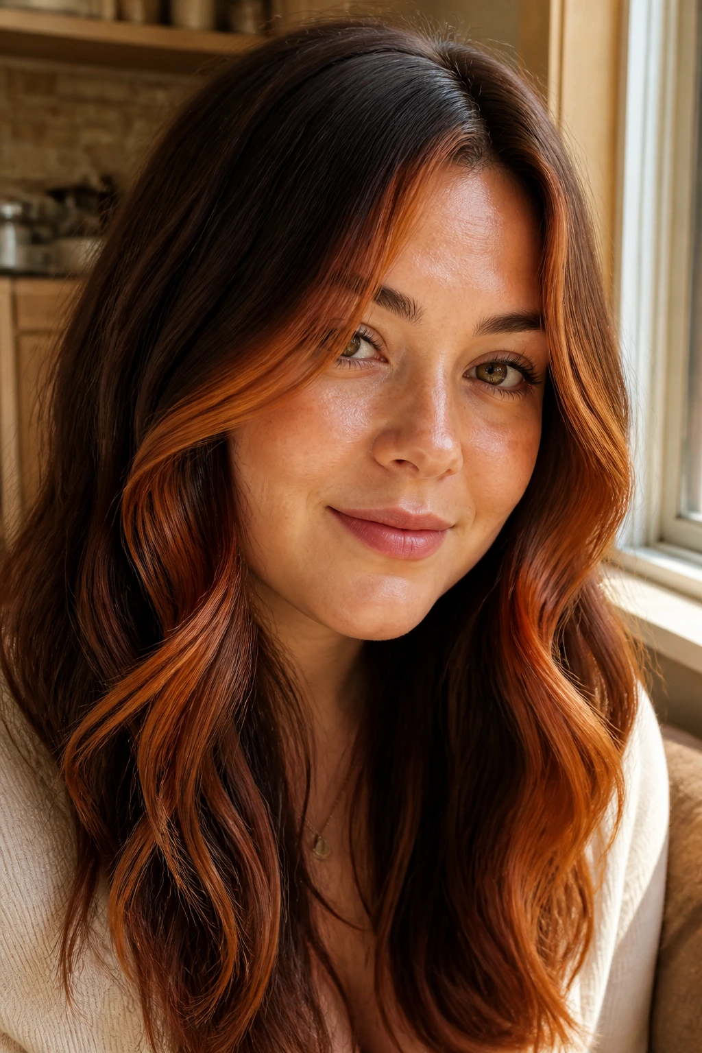 Close-up of a woman with burnt orange face-framing glow in sunlit room
