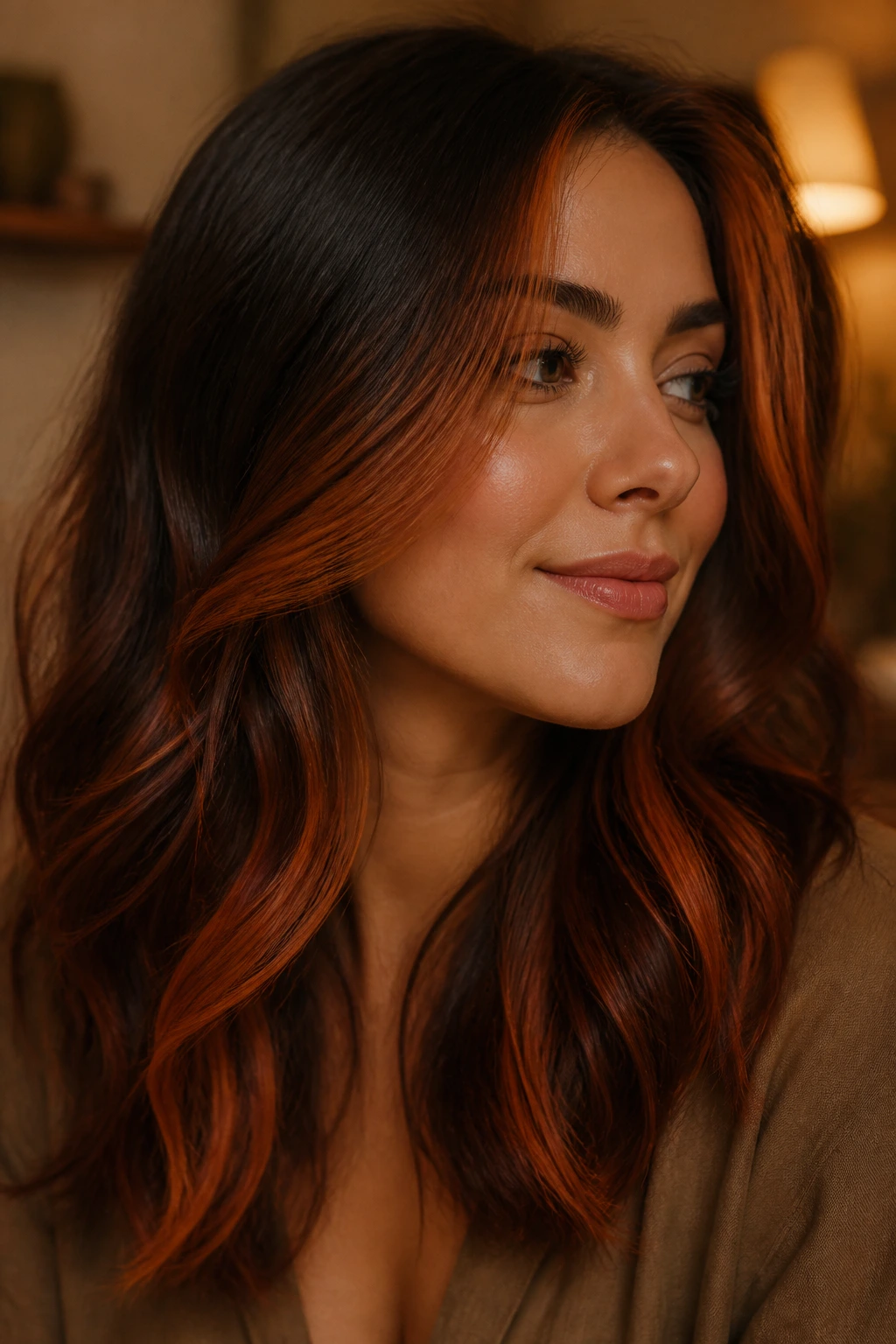 Close-up of a real woman with burnt orange highlights on dark brown hair