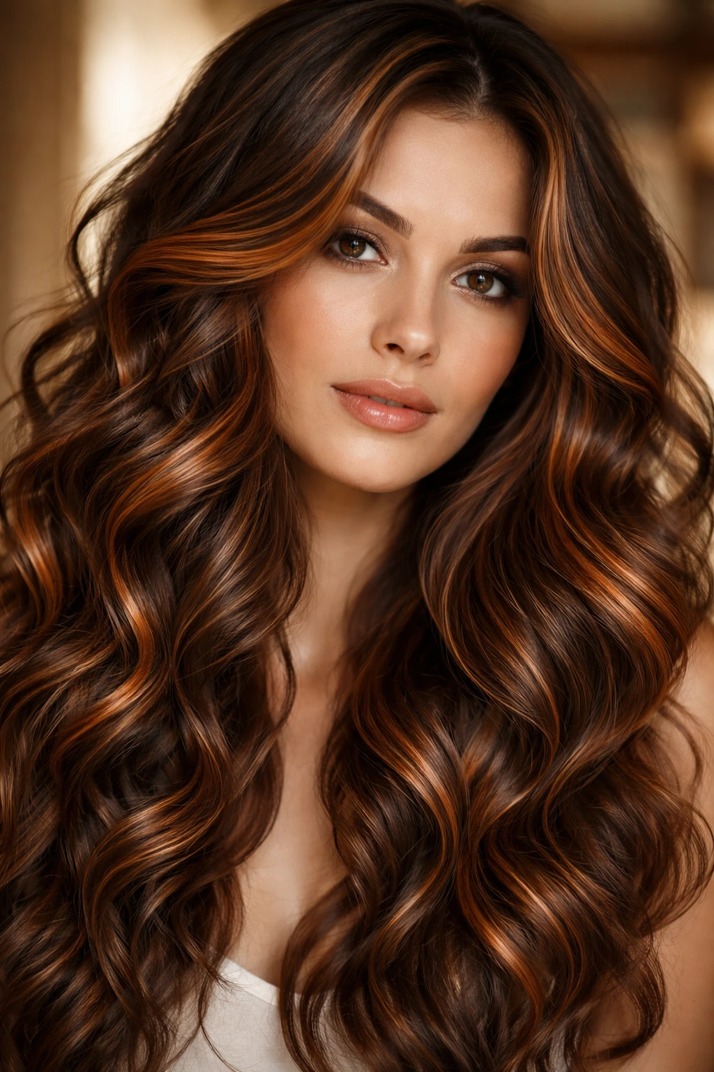 Close-up of hair with burnt orange copper ribbons woven through waves