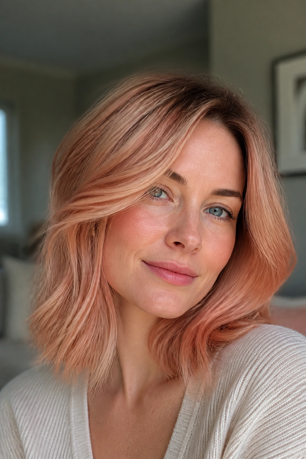 Close-up portrait of a woman with burnt peach blonde hair in natural window light