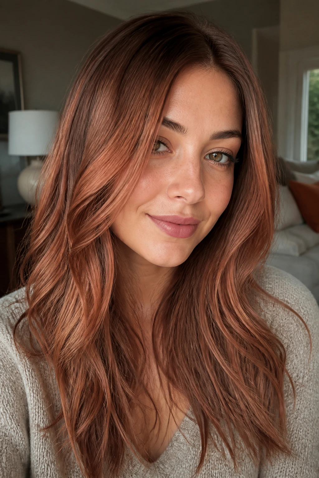 Close-up of a real woman with burnt peach copper hair in a cozy room