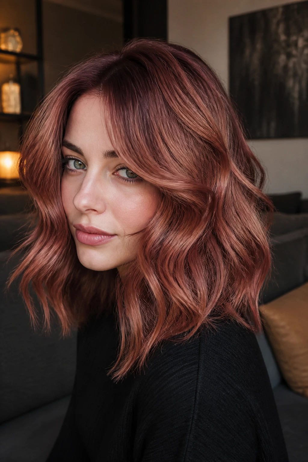 Close-up of a real woman with burnt rose auburn waves in a living room.