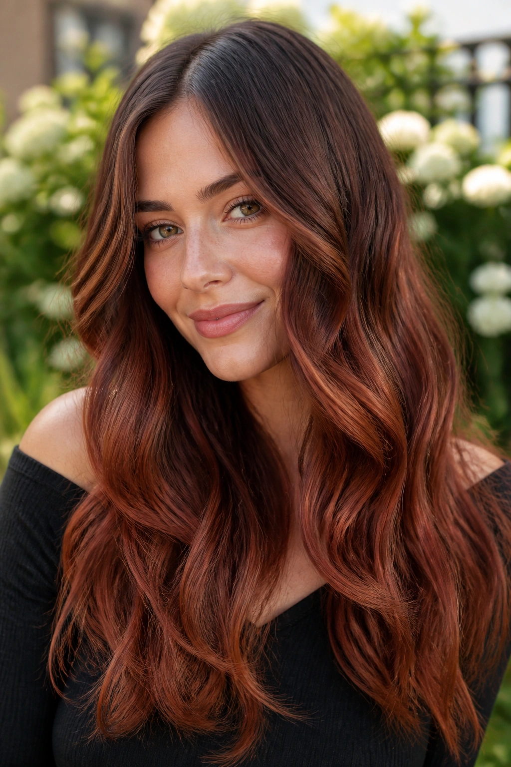 Real woman with burnt sienna balayage on long hair