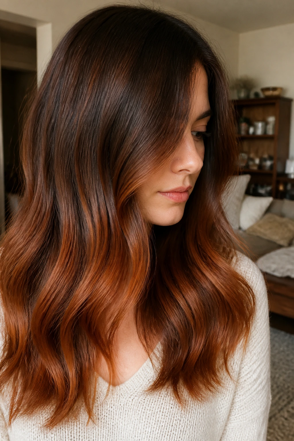 Close-up of a real woman with burnt sienna ends and soft root shadow