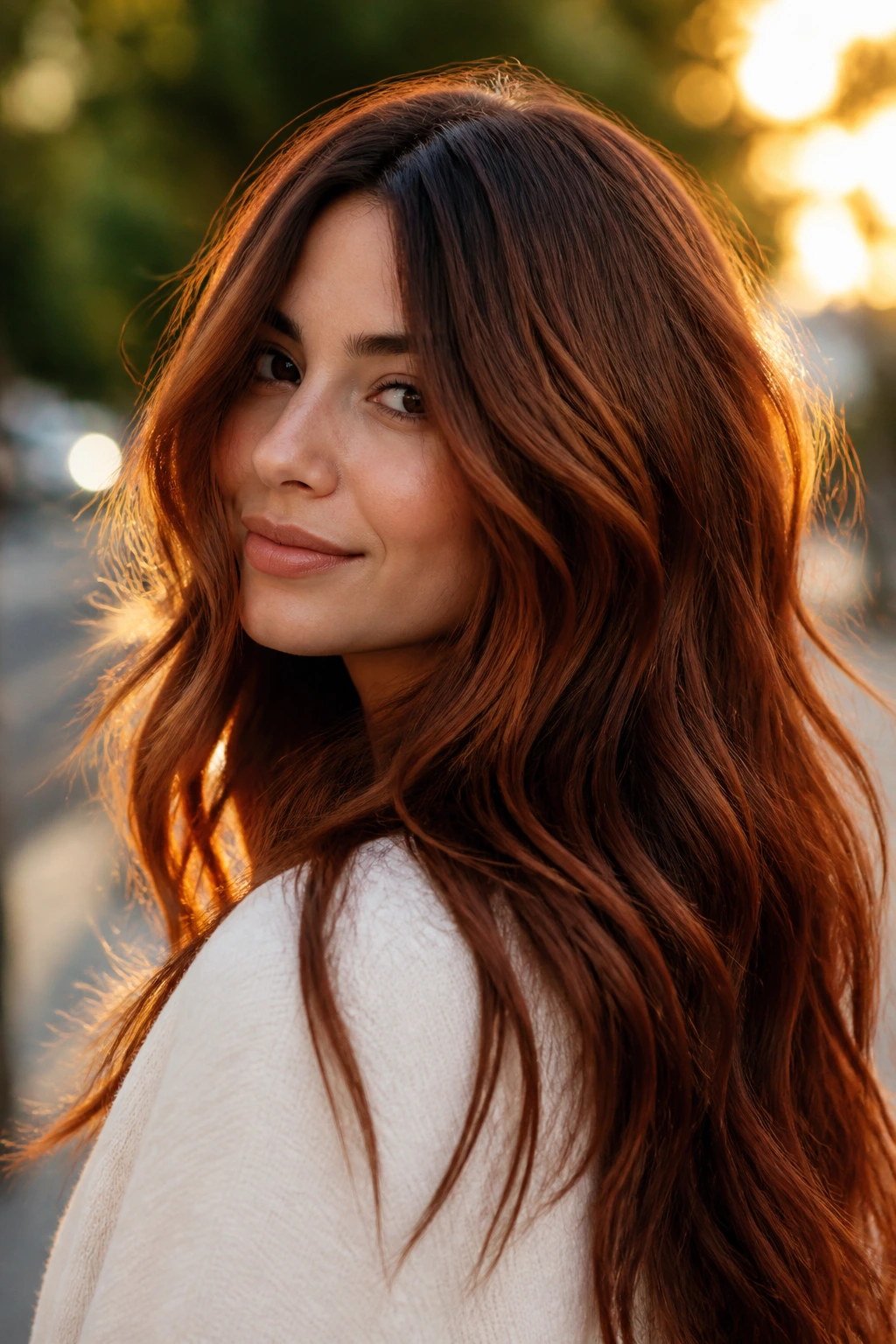 Close-up of a real woman with burnt sienna balayage on brunette hair in warm light