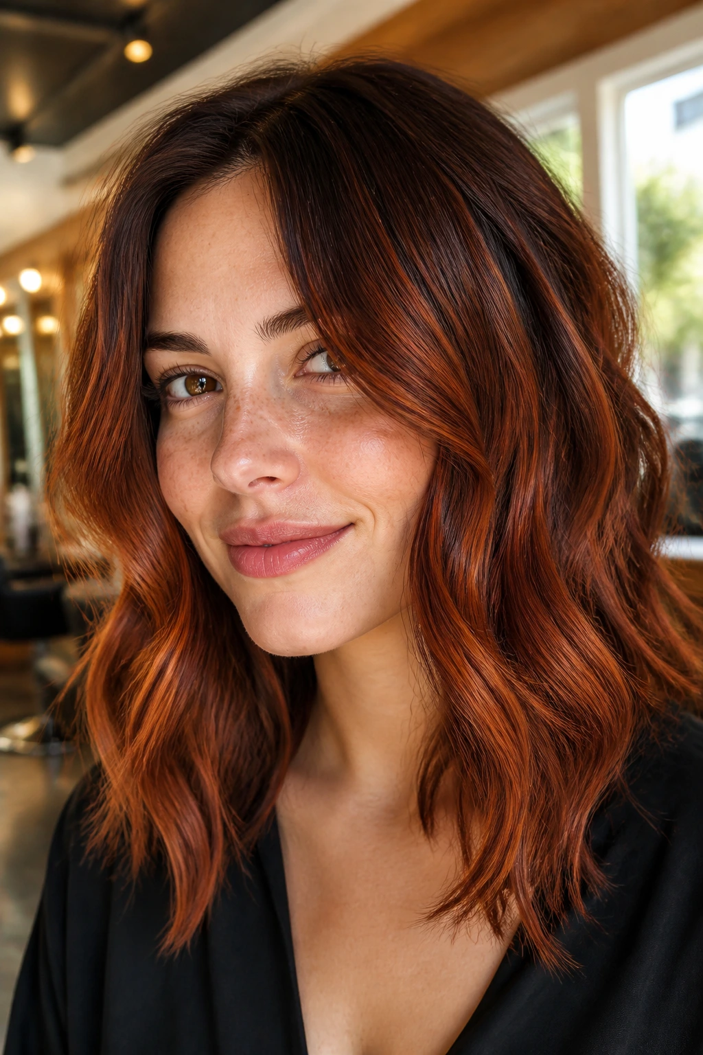 Close-up of a real woman with burnt sienna balayage on shoulder-length wavy hair in a sunlit salon