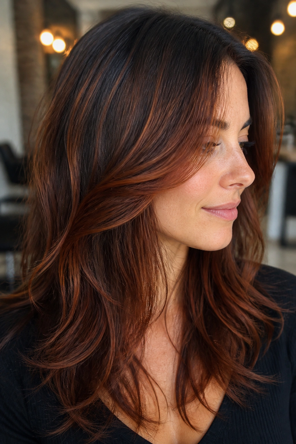 Close-up of a real person with layered brown hair and burnt sienna balayage