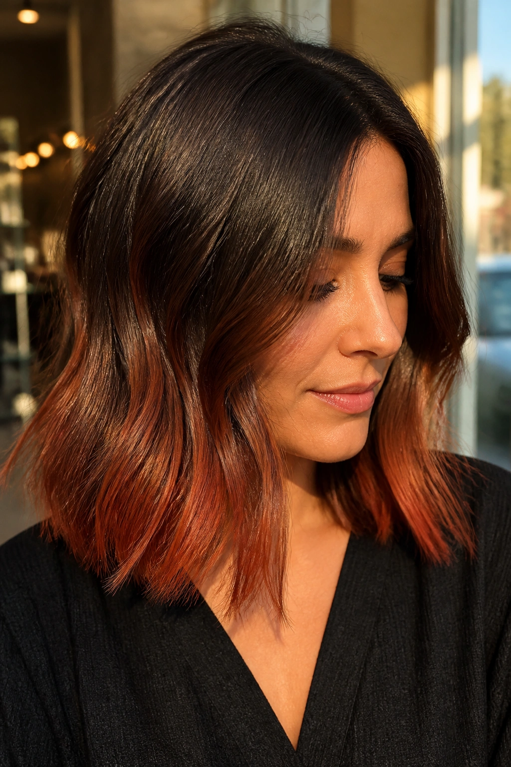 Close-up of brunette hair with burnt sienna ends in sunlit salon