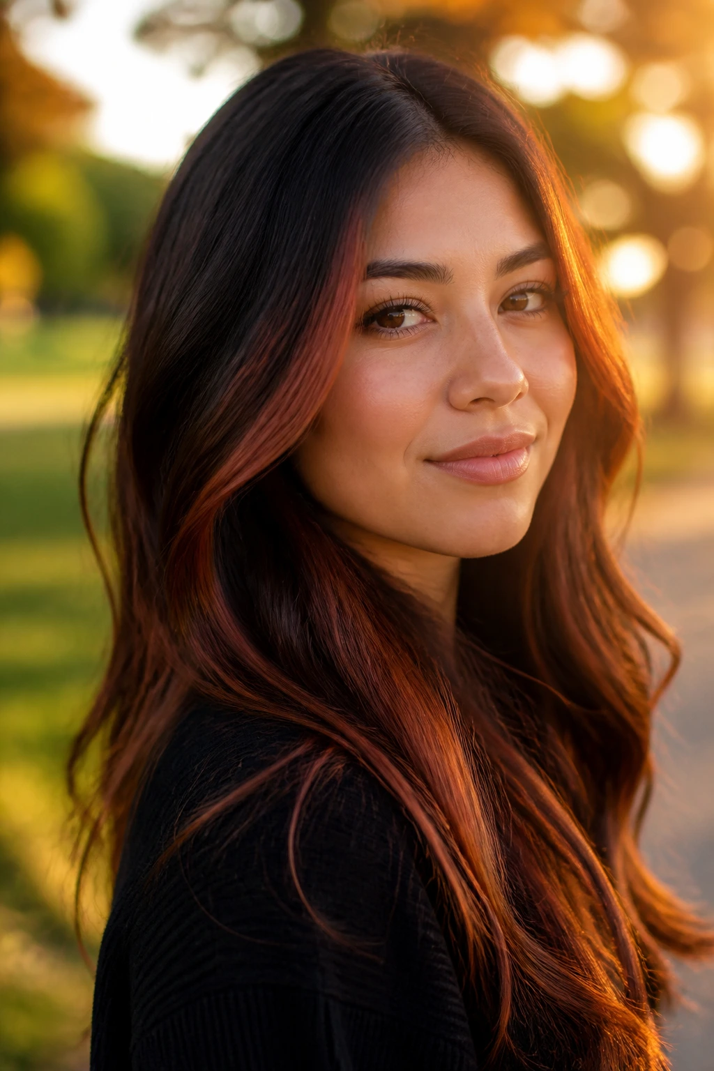 Close-up portrait of a real woman with burnt sienna face frames on long hair