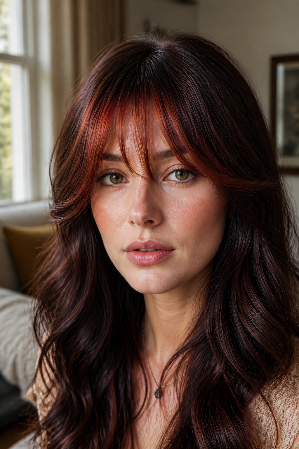 Close-up portrait of a real woman with burnt sienna copper fringe framing the face in natural window light
